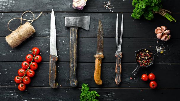 BBQ banner. Cutlery barbecue. Top view. Free space for your text. Rustic style. - Zdjęcie, obraz