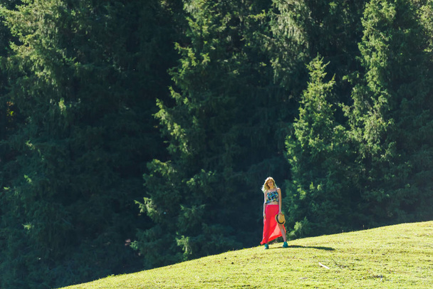 Tyttö metsässä Kirgisian vuorilla. Nainen suurten kuusipuiden taustalla Issyk Kul Kirgisiassa. Kaunis tyttö vuorilla kesällä
. - Valokuva, kuva