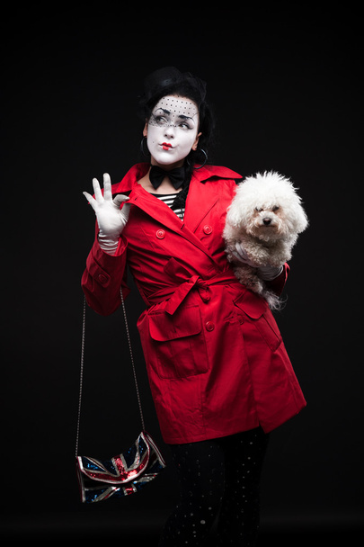 woman mime with puppy - Photo, Image