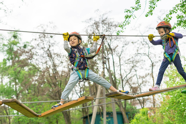 Two cute happy young children, boy and girl in protective harness, carbine and safety helmets on rope way on bright sunny day on green foliage bokeh background. Outdoors activities, games concept. - Photo, Image