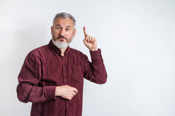 Portrait gray bearded man has an idea, pointing with index finger up isolated on white wall background - Photo, Image