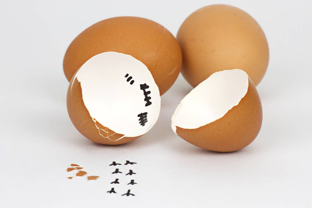 Rozbitá vejce skořápka na bílém pozadí s cestou pro cižky. - Fotografie, Obrázek