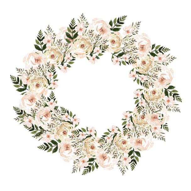 Beautiful watercolor wedding  wreath with roses flowers. - Photo, Image