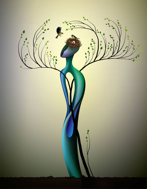 vivo árbol de primavera feliz con titmouses pájaro, concepto de árbol feliz, alma del árbol, hombre como sonrisa al pájaro, cuento de hadas en la naturaleza, planta idea viva
, - Vector, Imagen