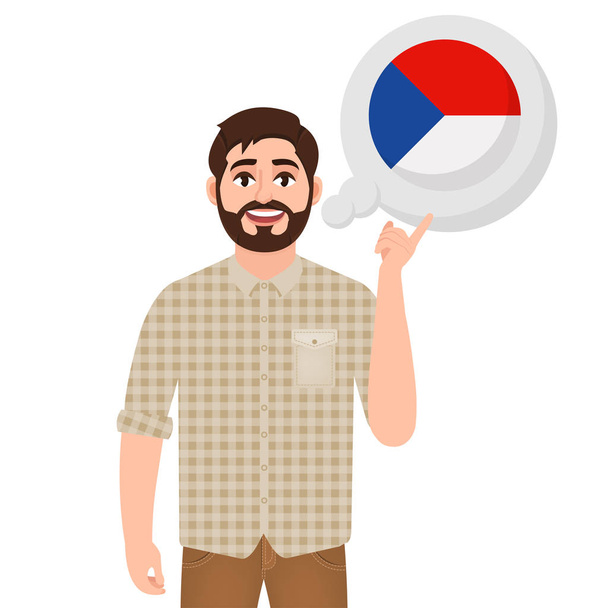 Счастливый бородатый человек говорит или думает о стране Чехия, европейская страна икона, путешественник или туристический вектор иллюстрации
 - Вектор,изображение