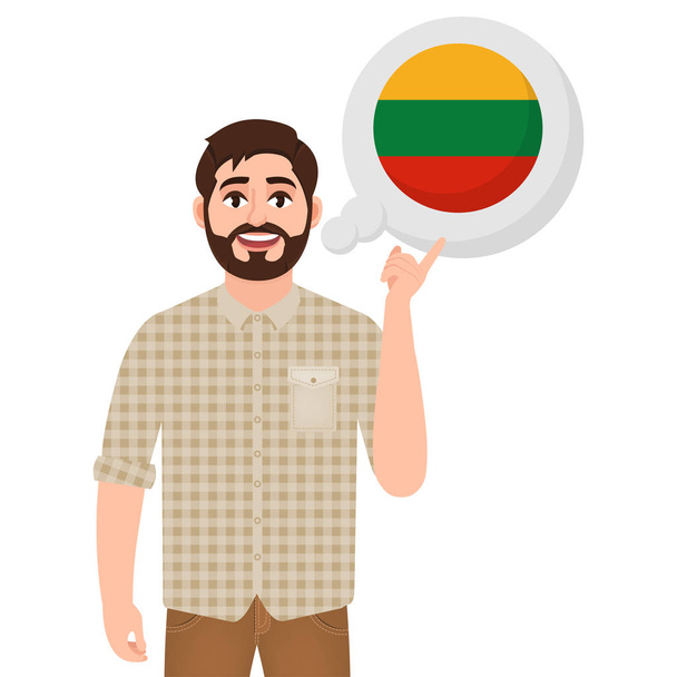 Gelukkig bebaarde man zegt of denkt over het land van Litouwen, Europese land pictogram, reiziger of toeristische vector illustratie - Vector, afbeelding