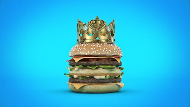 Hamburger met kroon geïsoleerd. 3D-rendering - Foto, afbeelding