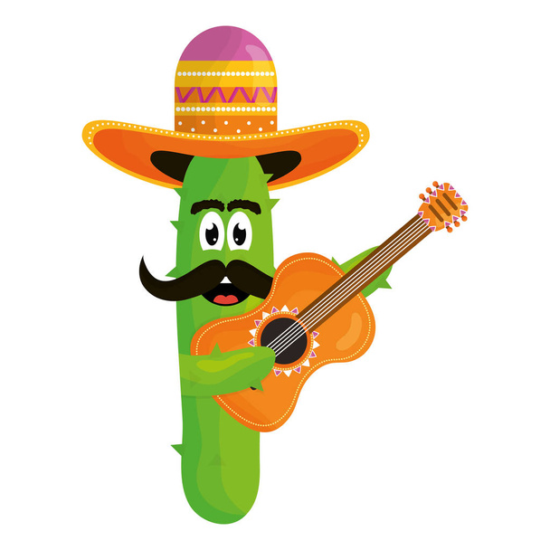 şapka ve gitar komik karakter ile Meksika kaktüs - Vektör, Görsel