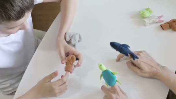 A caucasian boy playing with psychologist, psychotherapist different roles by using finger puppets, toys for expressing his emotions, agression, fear and freandship as a part of psychotherapy - Filmati, video