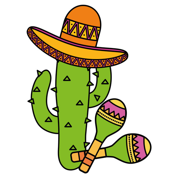 cactus plant with mexican hat and maracas - Vector, Image