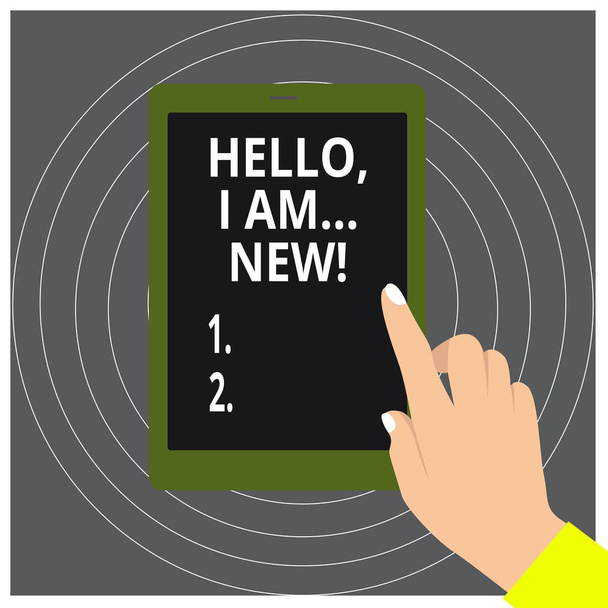 Kirjoitan lapun, jossa näkyy Hello I Am New. Business valokuva esittelee käytetty tervehdys tai aloittaa puhelinkeskustelun
. - Valokuva, kuva