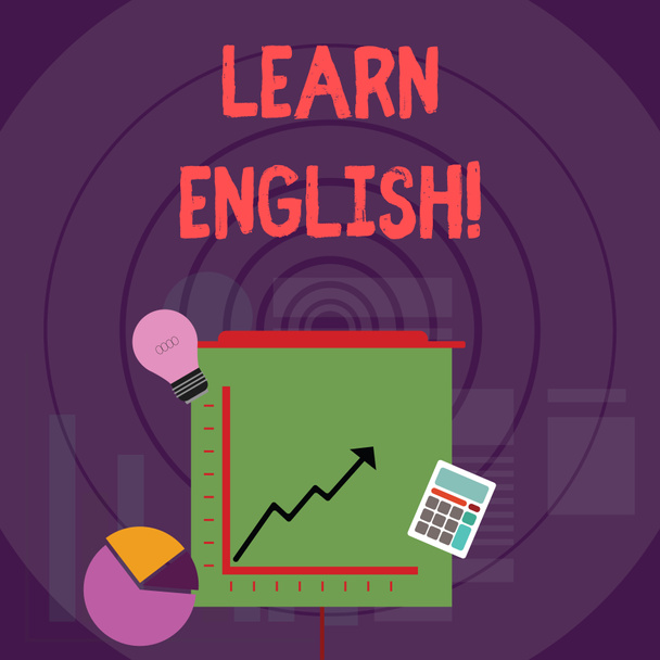 Writing note showing Learn English. Business photo showcasing gain acquire knowledge in new language by study Investment Icons of Pie and Line Chart with Arrow Going Up. - Photo, Image