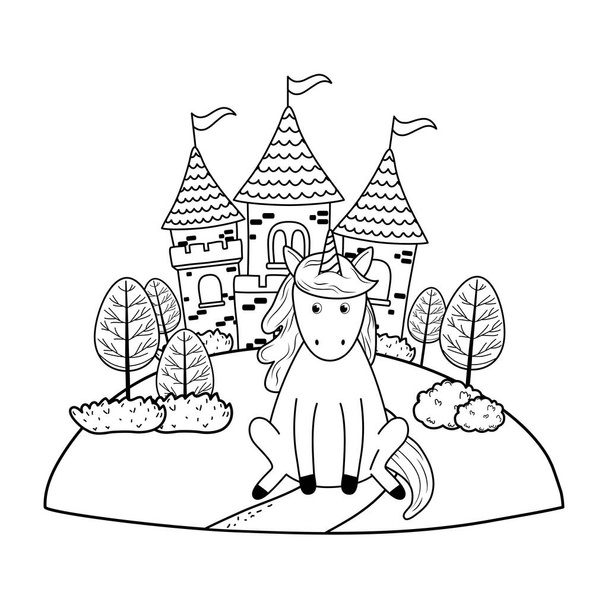 милый сказочный единорог с замком в пейзаже
 - Вектор,изображение