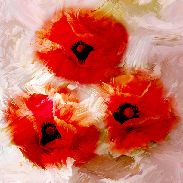 Стилизованные красные маки на окрашенном гранже и полосатом светлом фоне
 - Фото, изображение