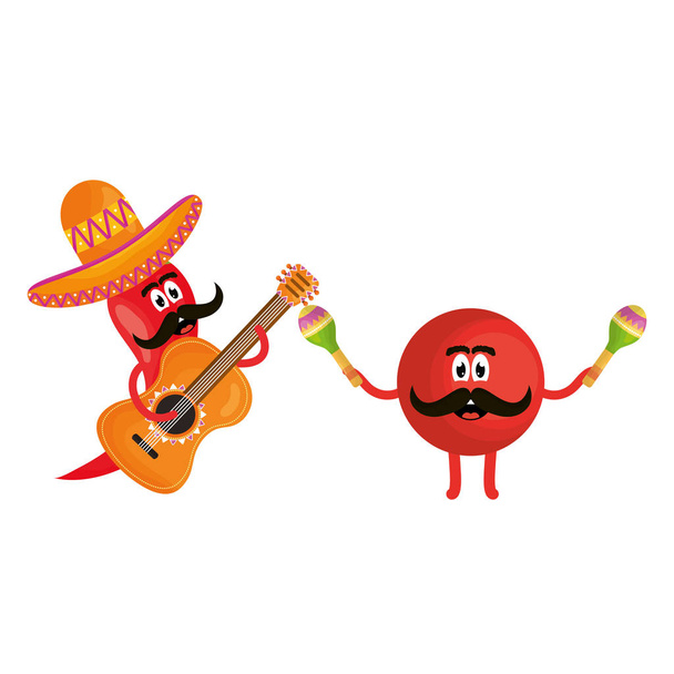 Mexikói Emoji karakter gitárral és chili paprika - Vektor, kép