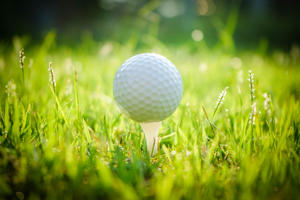 Bola de golfe no tee em belo campo de golfe ao pôr do sol fundo. - Foto, Imagem