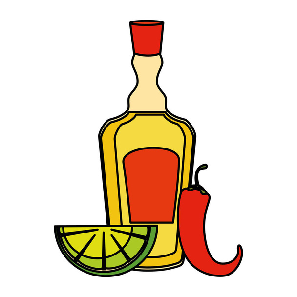 μπουκάλι τεκίλα με λεμόνι και τσίλι πιπεριά - Διάνυσμα, εικόνα