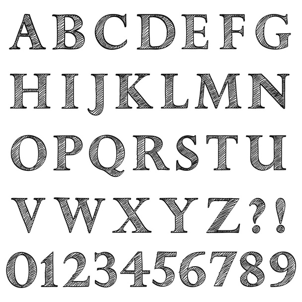 Doodle rabiscar esboço alfabeto letras e dígitos
 - Vetor, Imagem