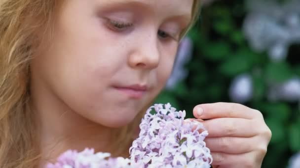 A little girl outdoors in a park or garden holds lilac flowers. Lilac bushes in the background. Summer, park - Кадри, відео