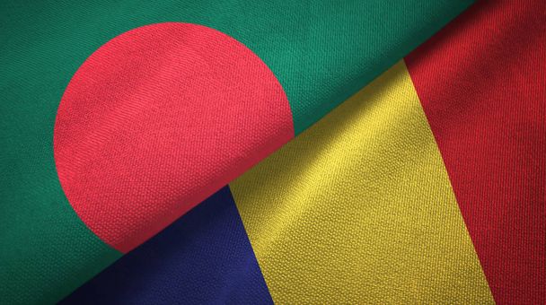 Bangladesh and Romania two flags textile cloth, fabric texture - Photo, Image