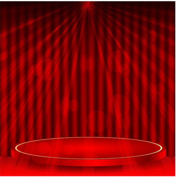 podium on a background a red curtain and rays of light - Vector, Image