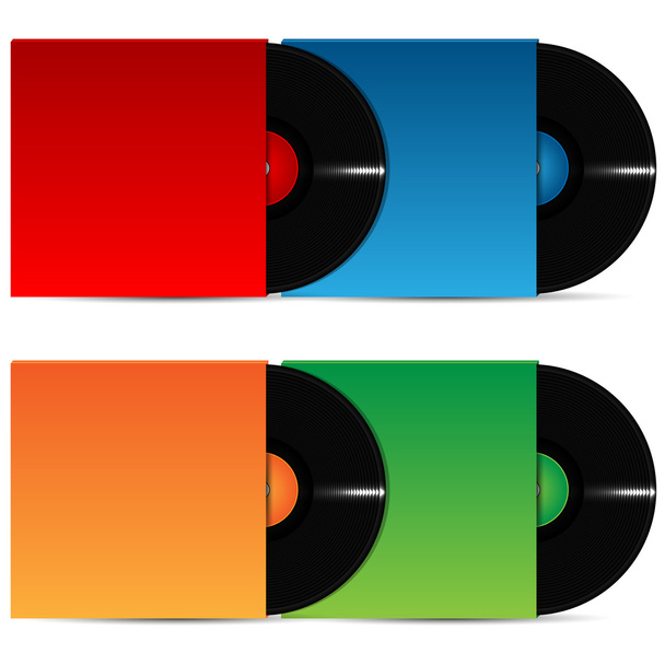 Conjunto de placas de vinilo en el embalaje varicolor sobre un respaldo blanco
 - Vector, imagen