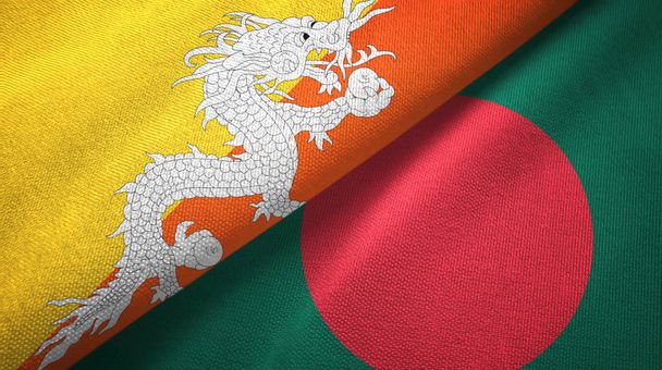 Bután y Bangladesh dos banderas tela textil, textura de la tela
  - Foto, Imagen