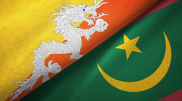 Μπουτάν και Μαυριτανία δύο σημαίες υφαντικά υφάσματα, υφή υφάσματος - Φωτογραφία, εικόνα