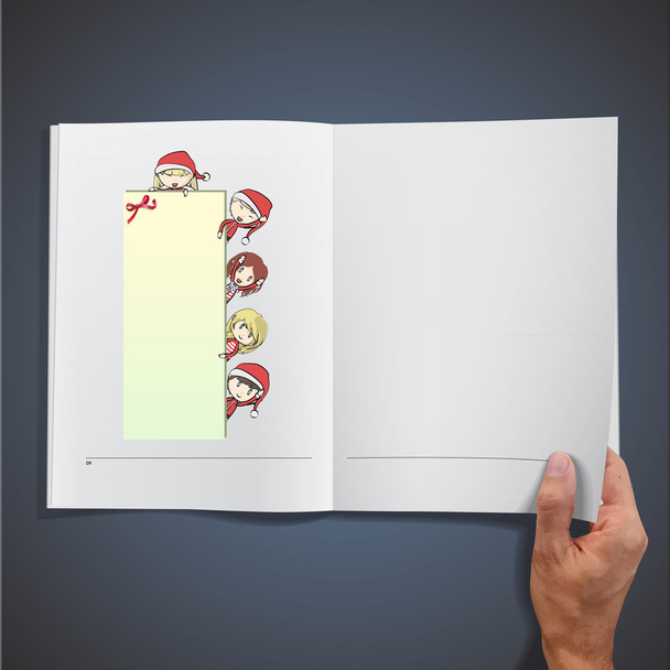 Grupo de niños con el disfraz de Santa sosteniendo un cartel vacío dentro de un libro. Ilustración vectorial
. - Vector, Imagen