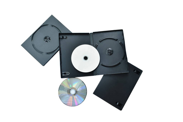 disco versátil digital ou DVD com embalagem caixa de plástico preto em fundo branco
 - Foto, Imagem