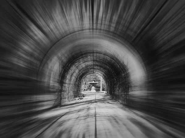 Abstract black and white scene, motion blur effect, of a tunnel  - Photo, Image