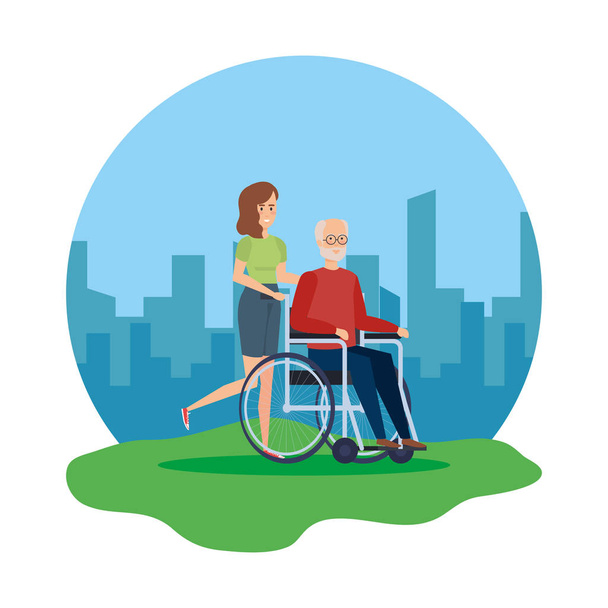 kadın yardımcı ile tekerlekli sandalyede yaşlı adam - Vektör, Görsel