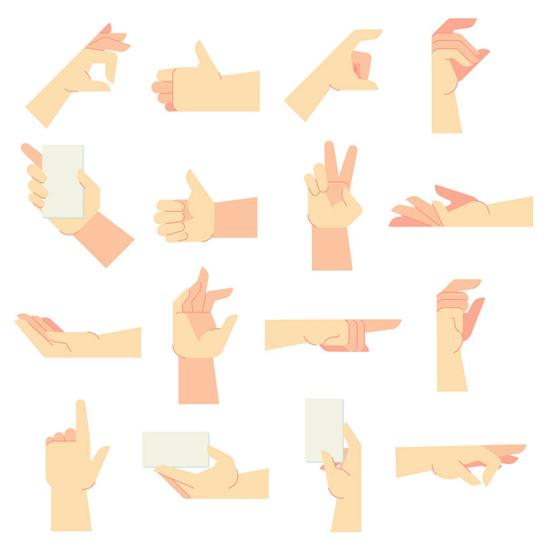 Hands gestures. Pointing hand gesture, women hands and hold in hand vector cartoon illustration set - Vector, Image