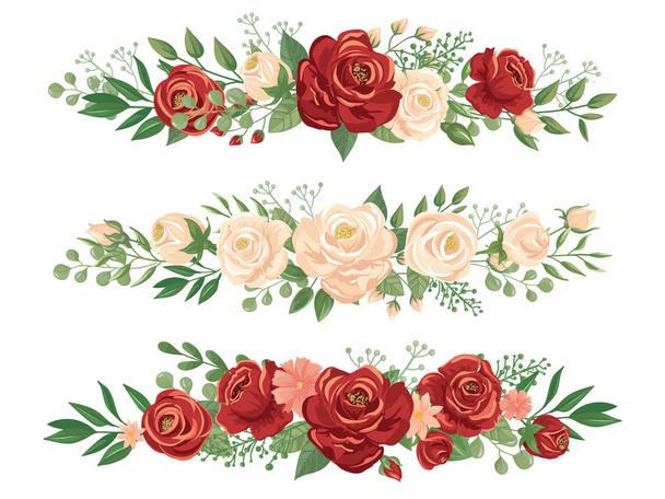 Panoramic flowers borders. Rose bud, flower border and roses header panorama floral banner vector illustration - Vector, Image