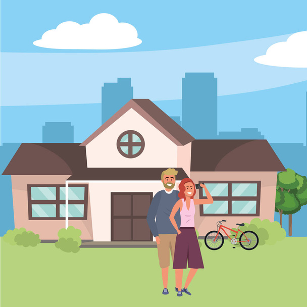 Millennial couple house porch background - Vector, Image