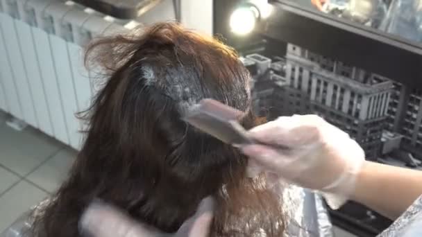 Közeli, a fodrász-stylist nem az eljárás a színező a lányok haját a fodrász boltban. Hátulnézet. 4k - Felvétel, videó