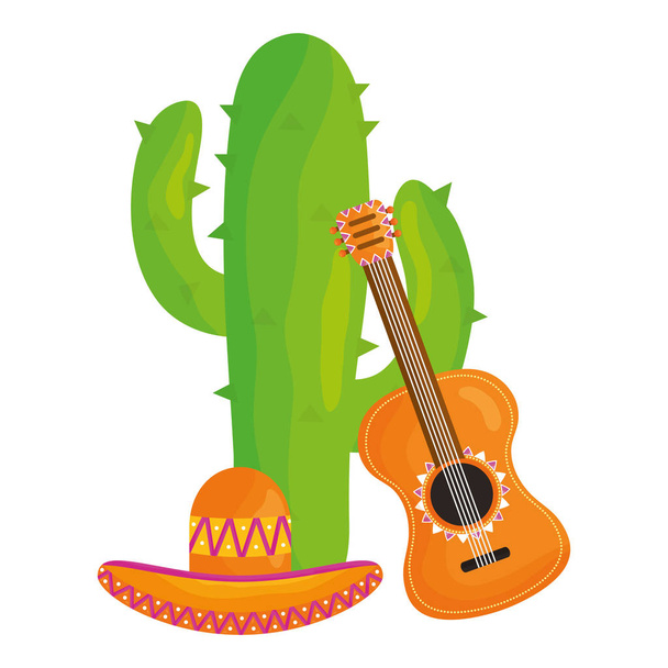 メキシコの帽子とギターを持つサボテン植物 - ベクター画像