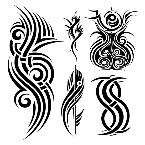 Conjunto monocromático de vetor de tatuagem tribal. Elementos bonitos. Ilustração isolada decorativa para o projeto
 - Vetor, Imagem