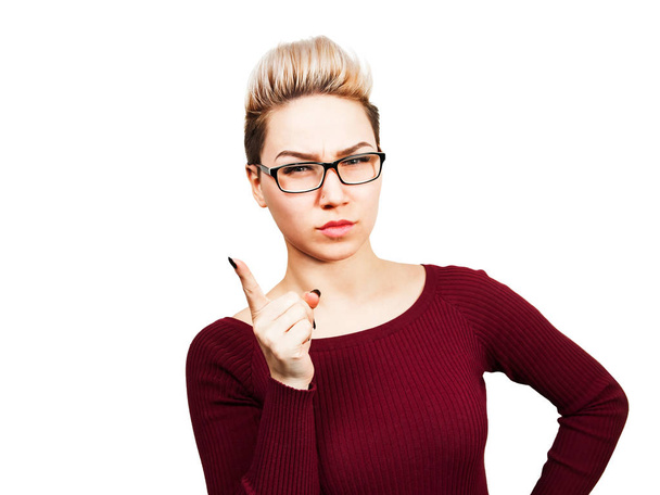 Portrait of beautiful business woman in glasses showing finger up. Isolated on white background. - Zdjęcie, obraz