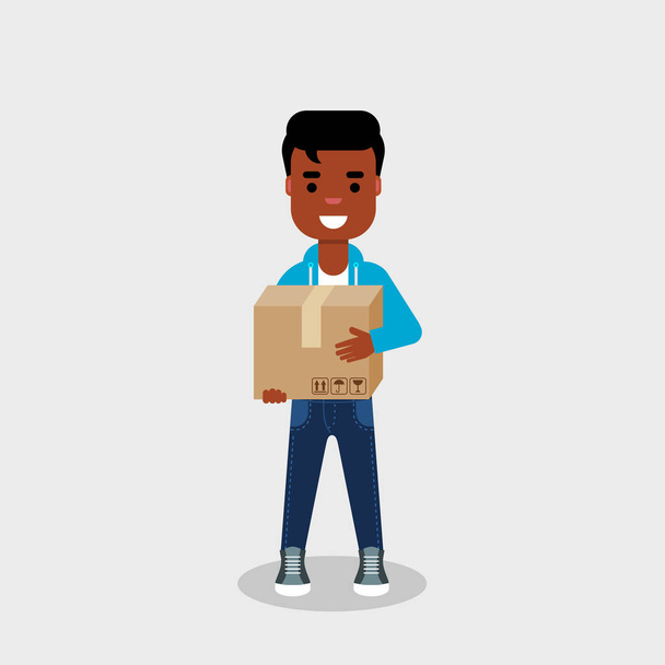 段ボール箱を持っている若い幸せなアフリカ系アメリカ人の男。配信サービスの概念。移動日の概念。密閉された包装箱が付いているカジュアルな服装のキャラクター。ベクトルイラスト、フラットスタイル、クリップアート - ベクター画像