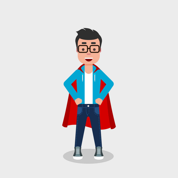 Young cheerful man wearing a superhero costume. Self confidence, self esteem, proud, concept. Smiling character in superman pose with a red cloak. Vector illustration, flat style, clip art. - Vektör, Görsel