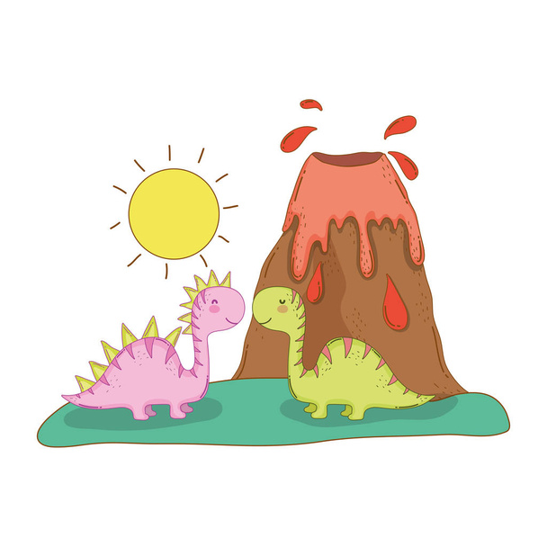 cute apatosaurus couple with volcano - Vector, Image