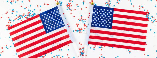 American flags on white background top view - Photo, Image