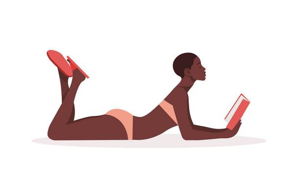 Una mujer africana en traje de baño miente y lee un libro. Educación y recreación. Estudiante de vacaciones. Ilustración plana del vector
 - Vector, imagen