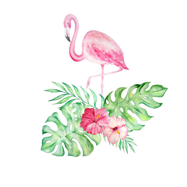 watercolor flamingo with a tropical bouquet3 - 写真・画像