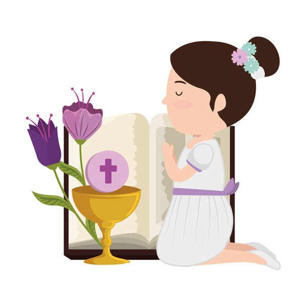 kis térdelő lány Biblia és virágok első áldozás - Vektor, kép