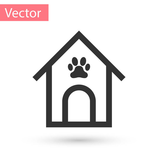 Сірий будинок собаки і лапа друку ПЕТ значок ізольований на білому фоні. Собачий розплідник. Векторна ілюстрація - Вектор, зображення