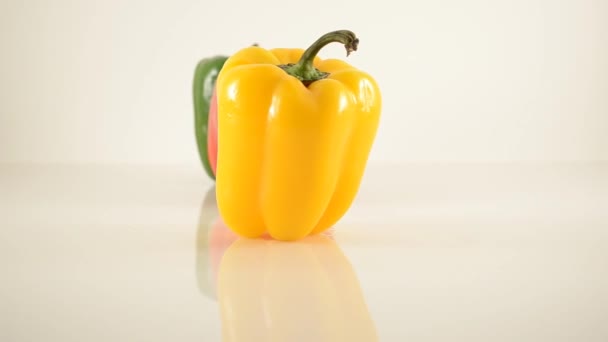 gele, rode en groene paprika's op acryl tegen Wit - lijn arrangement - dolly juiste - Video