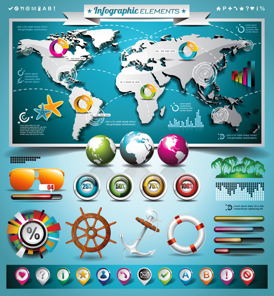 Vector summer travel infographic set with world map and vacation elements. EPS 10 illustration. - Вектор,изображение