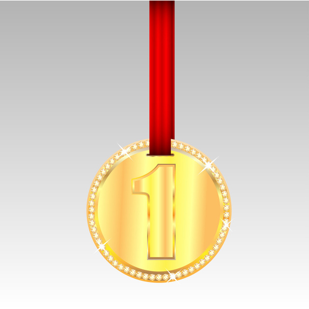 gold medal with number one on a red ribbon - Vector, Image